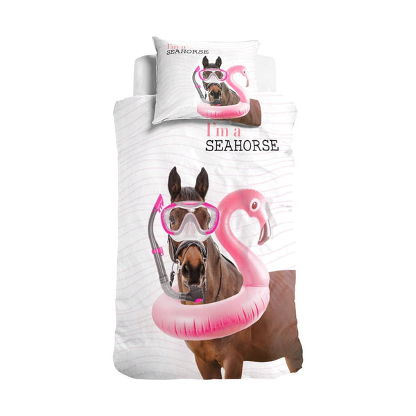 100% Cotton Duvet Cover Set I'm a Seahorse | White | Single - 135cm (W) x 200cm (L) - The Bedding & Blankets Store