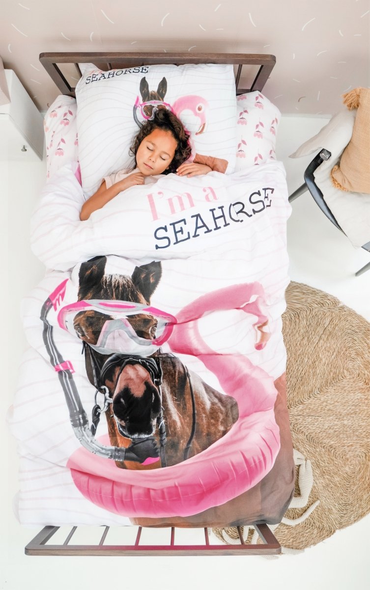 100% Cotton Duvet Cover Set I'm a Seahorse | White | Single - 135cm (W) x 200cm (L) - The Bedding & Blankets Store