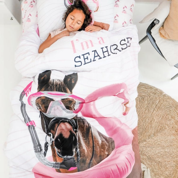 100% Cotton Duvet Cover Set I'm a Seahorse | White | Single - 135cm (W) x 200cm (L) - The Bedding & Blankets Store