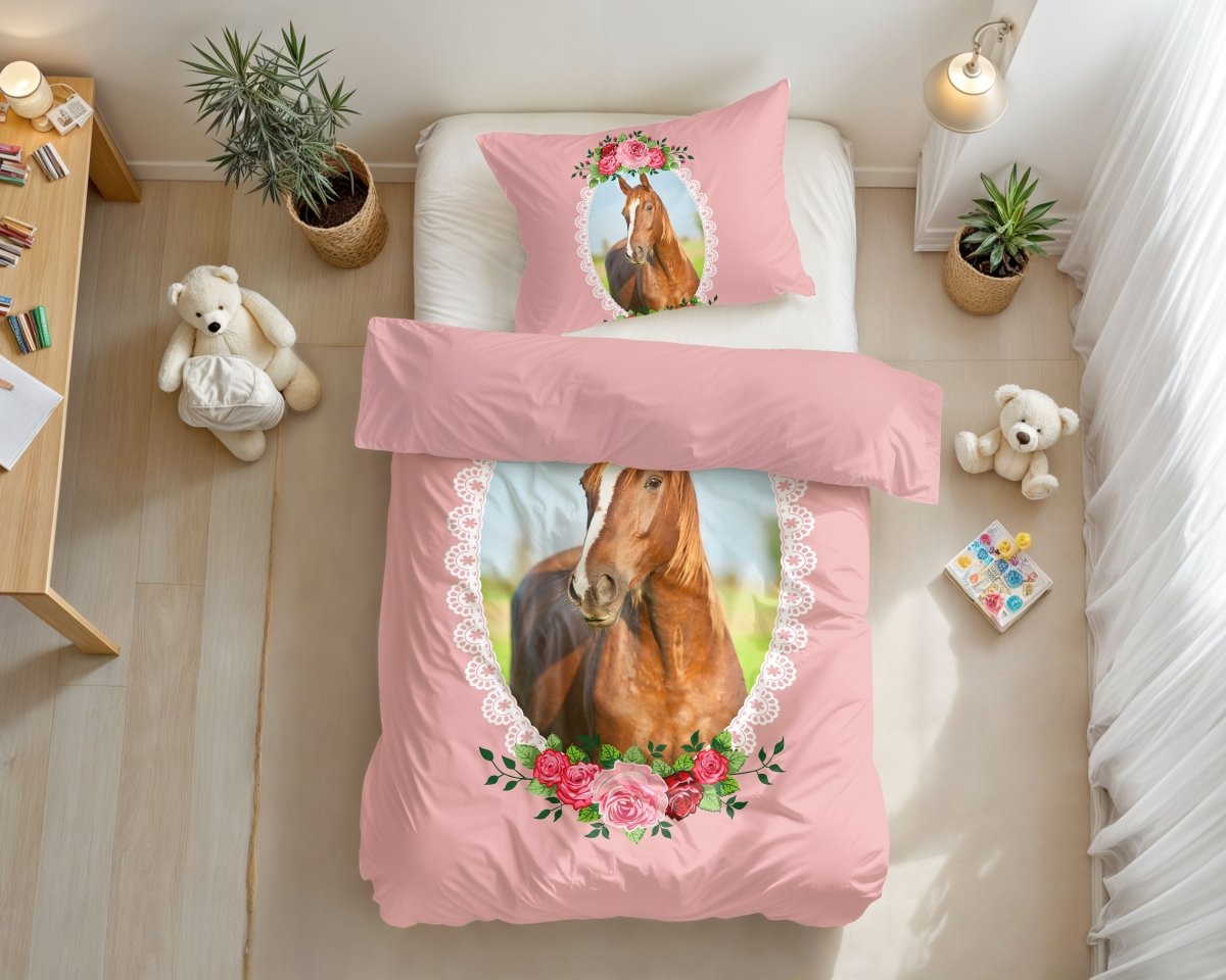 100% Microfibre Duvet Cover Set Cute Horse | Pink | Single Long - 140cm (W) x 200/220cm (L) - The Bedding & Blankets Store