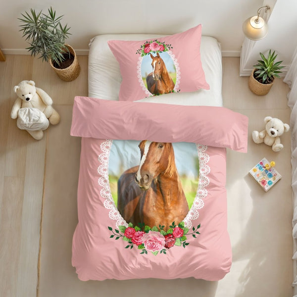 100% Microfibre Duvet Cover Set Cute Horse | Pink | Single Long - 140cm (W) x 200/220cm (L) - The Bedding & Blankets Store