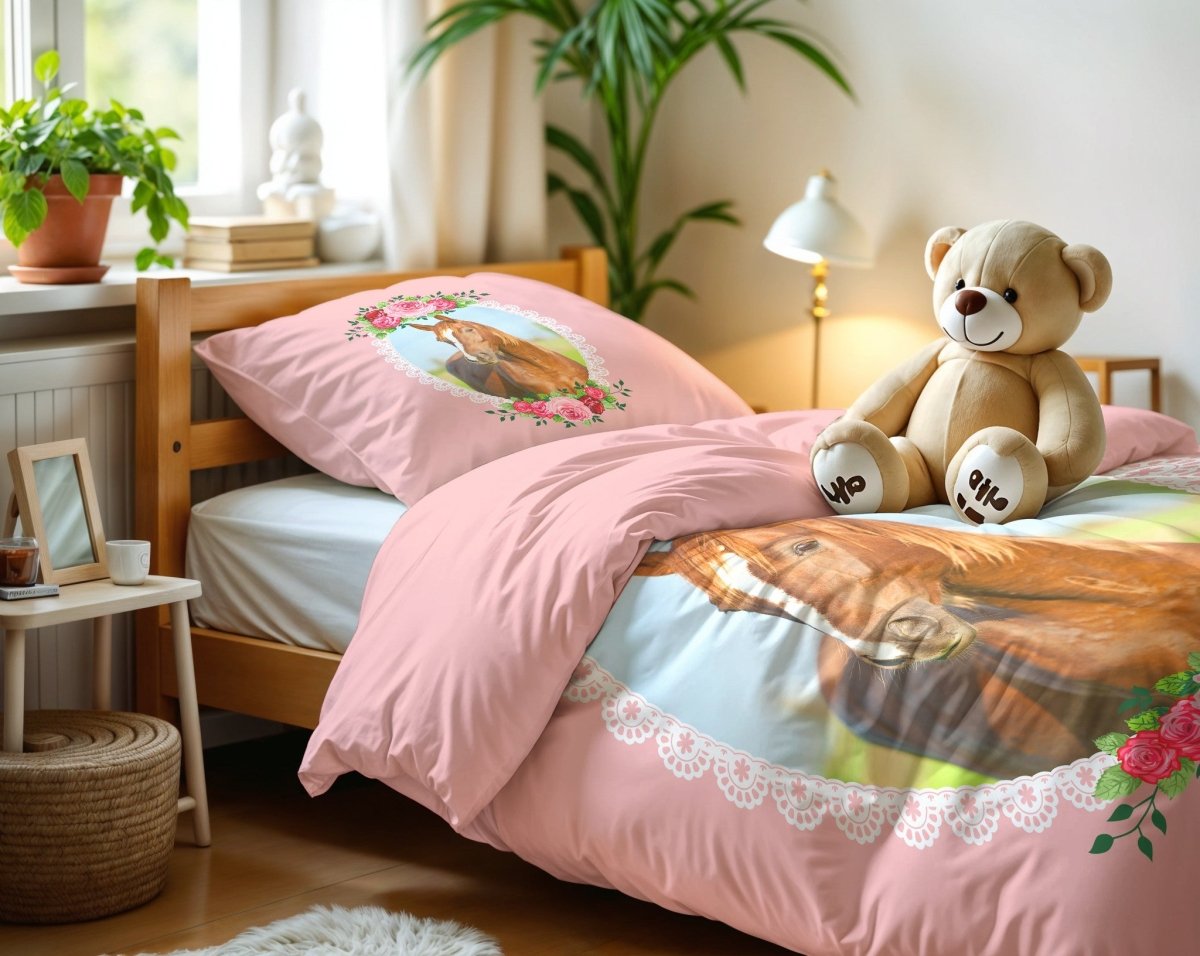 100% Microfibre Duvet Cover Set Cute Horse | Pink | Single Long - 140cm (W) x 200/220cm (L) - The Bedding & Blankets Store