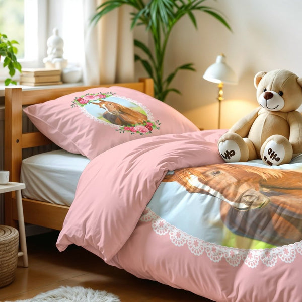 100% Microfibre Duvet Cover Set Cute Horse | Pink | Single Long - 140cm (W) x 200/220cm (L) - The Bedding & Blankets Store