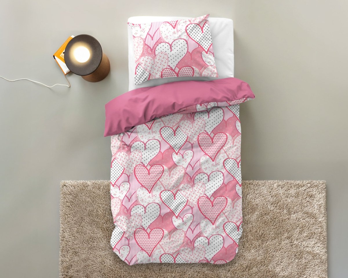 Microfibre Duvet Cover Set Hearts Love | Pink | Single Long - 140cm (W) x 200/220cm (L) - The Bedding & Blankets Store