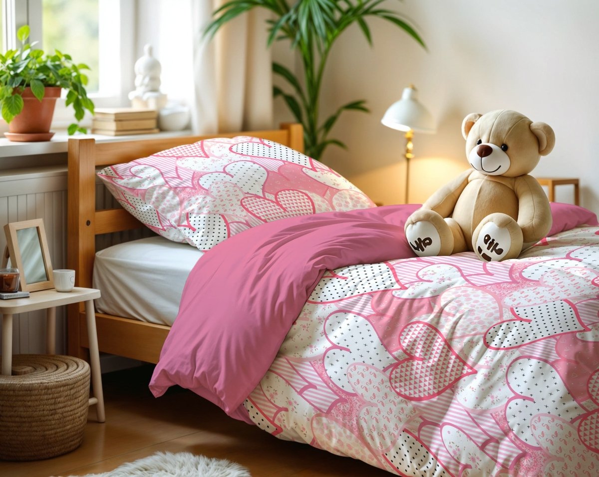 Microfibre Duvet Cover Set Hearts Love | Pink | Single Long - 140cm (W) x 200/220cm (L) - The Bedding & Blankets Store