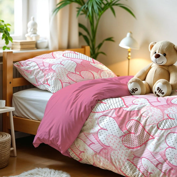 Microfibre Duvet Cover Set Hearts Love | Pink | Single Long - 140cm (W) x 200/220cm (L) - The Bedding & Blankets Store