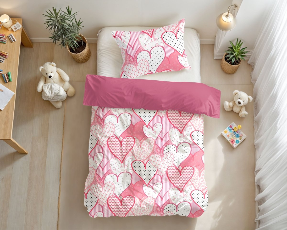 Microfibre Duvet Cover Set Hearts Love | Pink | Single Long - 140cm (W) x 200/220cm (L) - The Bedding & Blankets Store