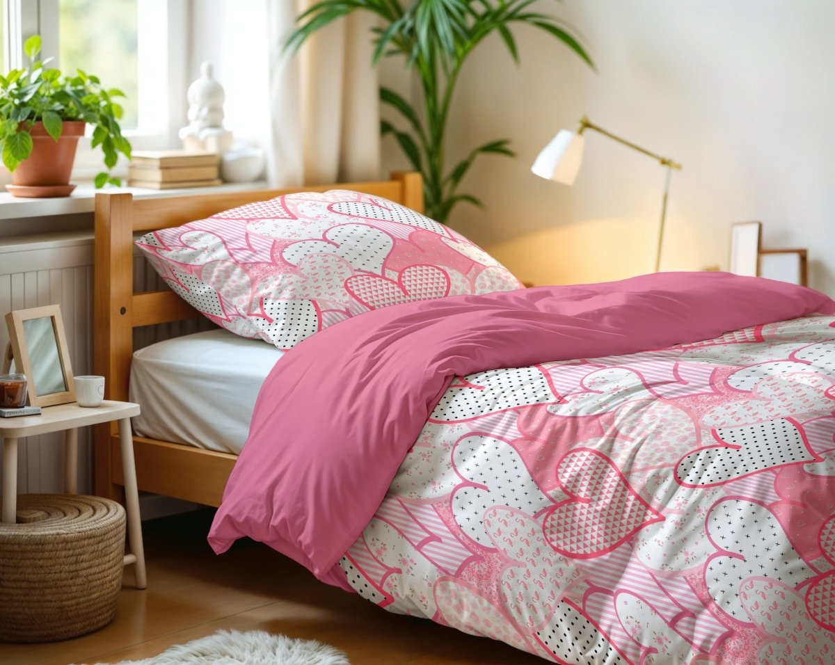 Microfibre Duvet Cover Set Hearts Love | Pink | Single Long - 140cm (W) x 200/220cm (L) - The Bedding & Blankets Store