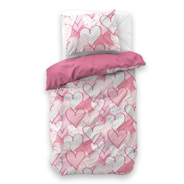 Microfibre Duvet Cover Set Hearts Love | Pink | Single Long - 140cm (W) x 200/220cm (L) - The Bedding & Blankets Store