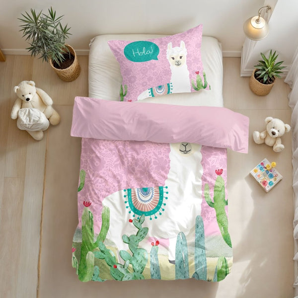 Microfibre Duvet Cover Set Hola Lama | Pink | Single Long - 140cm (W) x 200/220cm (L) - The Bedding & Blankets Store