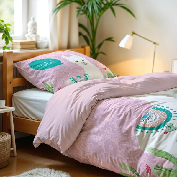 Microfibre Duvet Cover Set Hola Lama | Pink | Single Long - 140cm (W) x 200/220cm (L) - The Bedding & Blankets Store