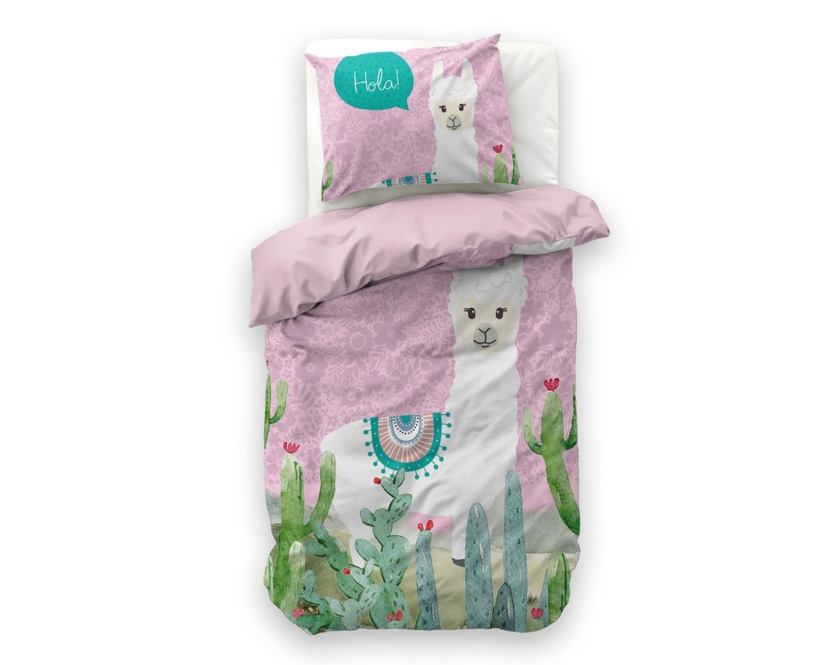 Microfibre Duvet Cover Set Hola Lama | Pink | Single Long - 140cm (W) x 200/220cm (L) - The Bedding & Blankets Store