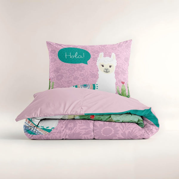 Microfibre Duvet Cover Set Hola Lama | Pink | Single Long - 140cm (W) x 200/220cm (L) - The Bedding & Blankets Store