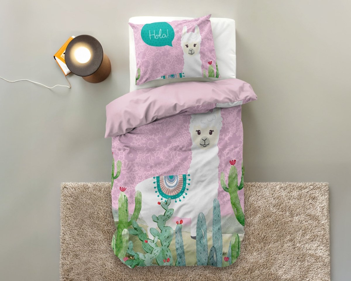 Microfibre Duvet Cover Set Hola Lama | Pink | Single Long - 140cm (W) x 200/220cm (L) - The Bedding & Blankets Store
