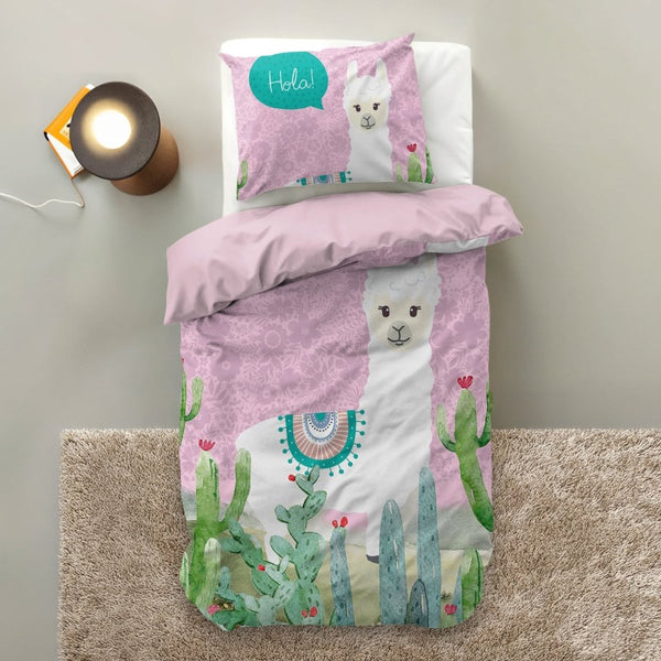 Microfibre Duvet Cover Set Hola Lama | Pink | Single Long - 140cm (W) x 200/220cm (L) - The Bedding & Blankets Store