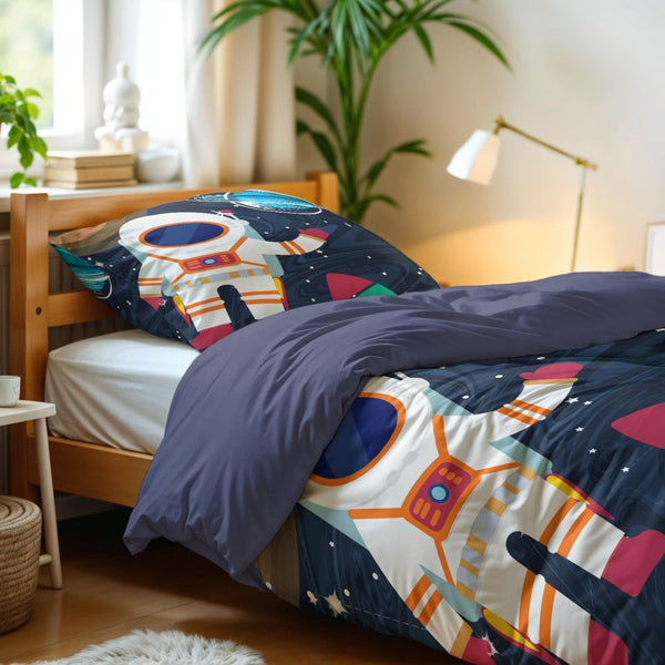 Microfibre Duvet Cover Set Space Man 2 | Blue | Single Long - 140cm (W) x 200/220cm (L) - The Bedding & Blankets Store
