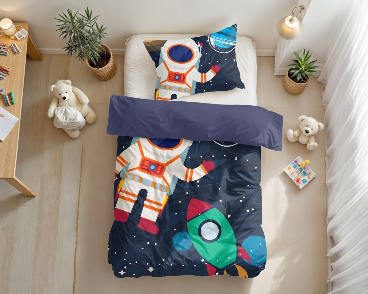 Microfibre Duvet Cover Set Space Man 2 | Blue | Single Long - 140cm (W) x 200/220cm (L) - The Bedding & Blankets Store