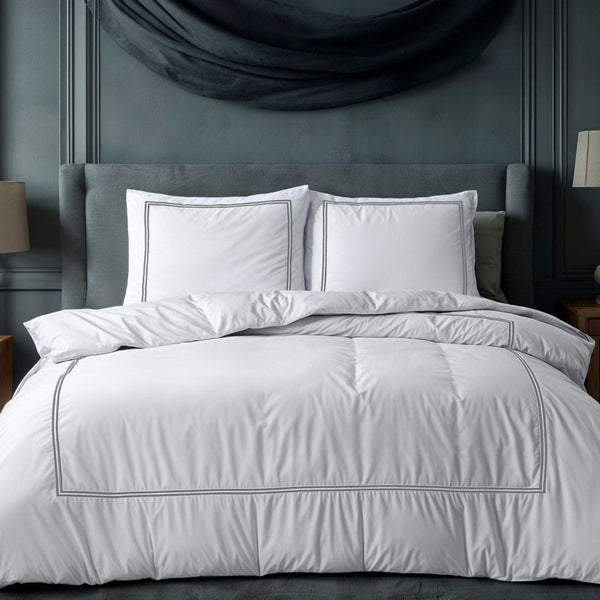 100% Cotton Percale Duvet Cover Set Brata | White/Grey | Super King - 260cm (W) x 200/260cm (L) - The Bedding & Blankets Store