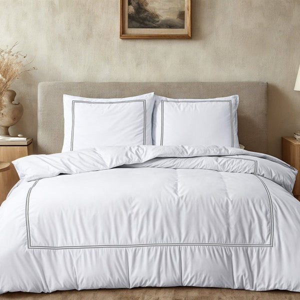 100% Cotton Percale Duvet Cover Set Brata | White/Grey | Super King - 260cm (W) x 200/260cm (L) - The Bedding & Blankets Store