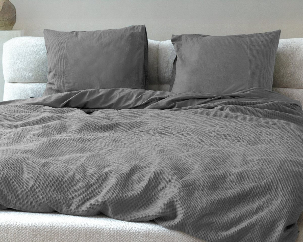 100% Cotton Percale Duvet Cover Set Waffle | Grey | Single XL - 140cm (W) x 200/260cm (L) - The Bedding & Blankets Store