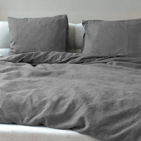 100% Cotton Percale Duvet Cover Set Waffle | Grey | Single XL - 140cm (W) x 200/260cm (L) - The Bedding & Blankets Store