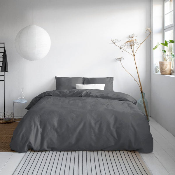 100% Cotton Sateen Duvet Cover Set Solid Satin | Anthracite | Single - 135cm (W) x 200cm (L) - The Bedding & Blankets Store