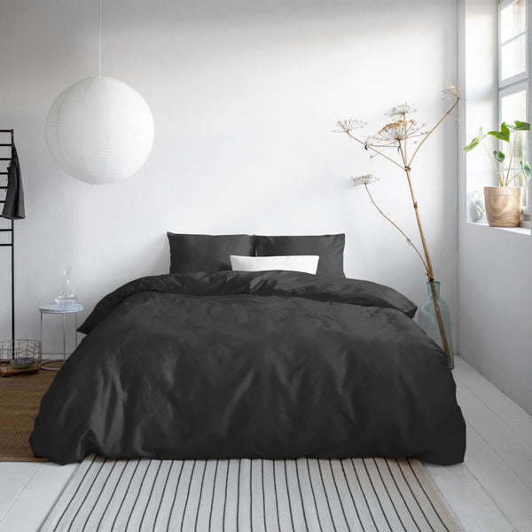 100% Cotton Sateen Duvet Cover Set Solid Satin | Black | Single - 135cm (W) x 200cm (L) - The Bedding & Blankets Store