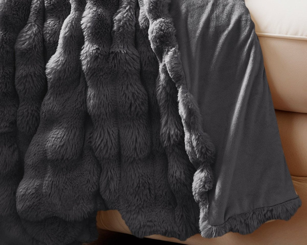 Pom Faux Fur Throw | Anthracite | King - 240cm (W) x 200cm (L) - The Bedding & Blankets Store