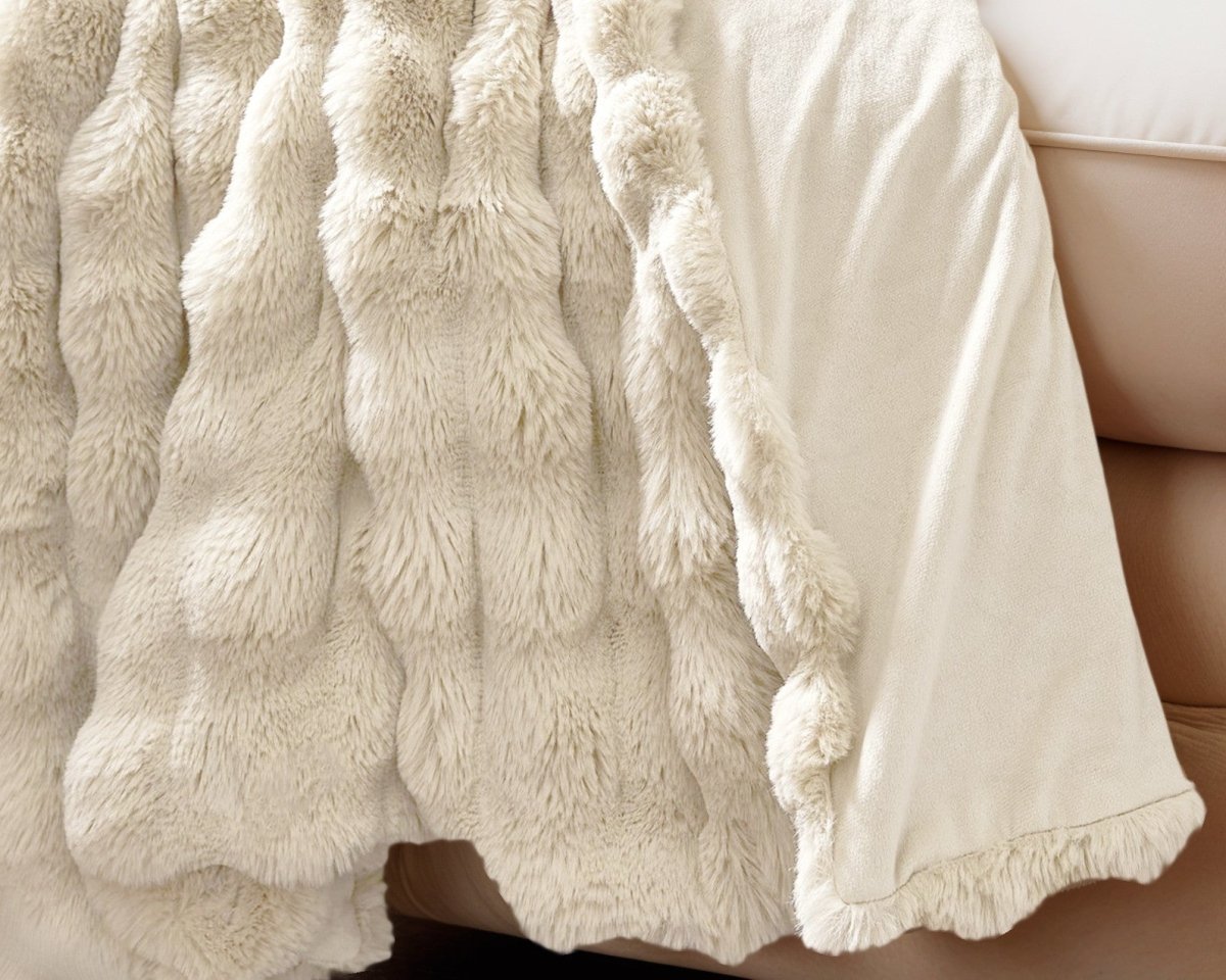 Pom Faux Fur Throw | Beige | King - 240cm (W) x 200cm (L) - The Bedding & Blankets Store
