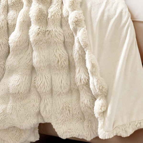 Pom Faux Fur Throw | Beige | King - 240cm (W) x 200cm (L) - The Bedding & Blankets Store