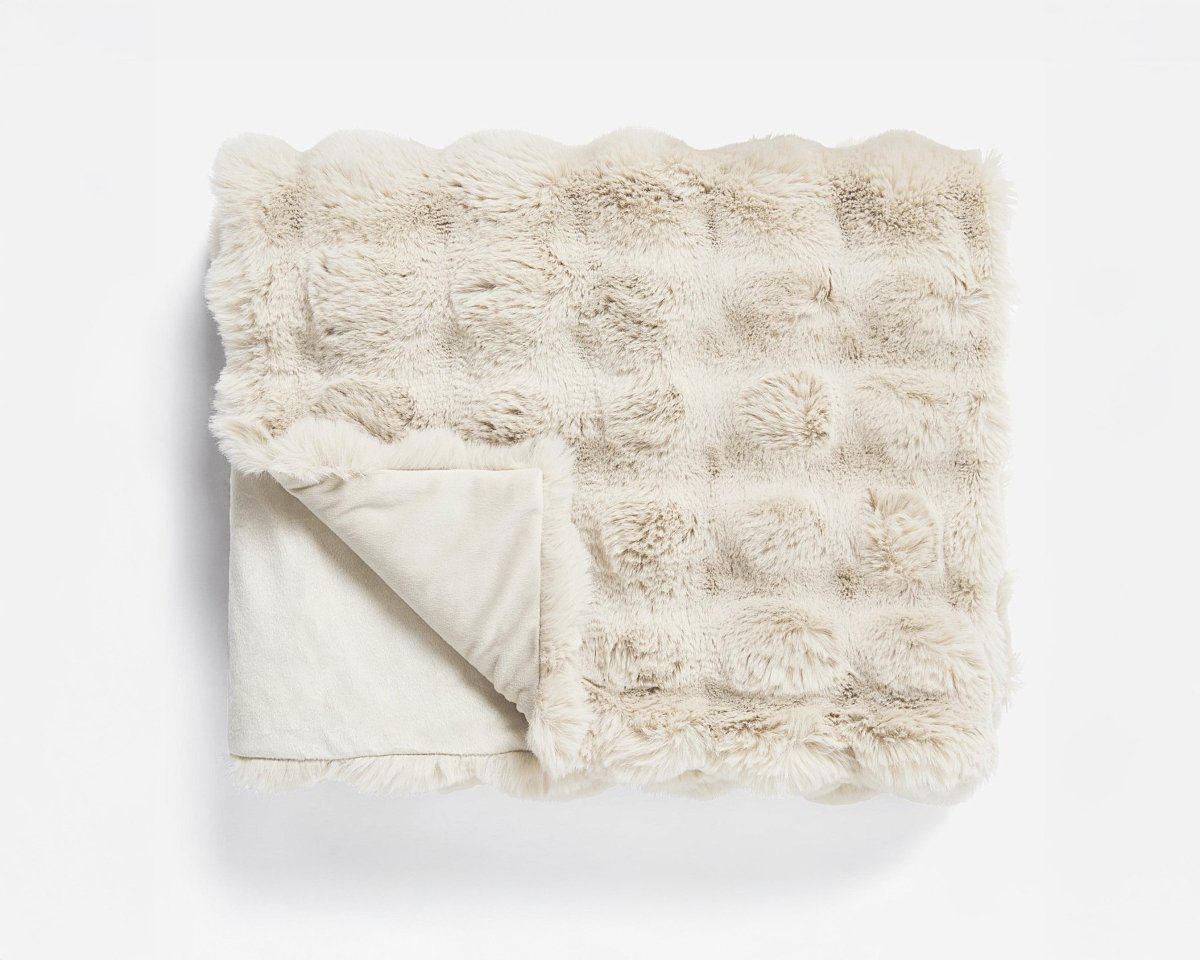 Pom Faux Fur Throw | Beige | King - 240cm (W) x 200cm (L) - The Bedding & Blankets Store