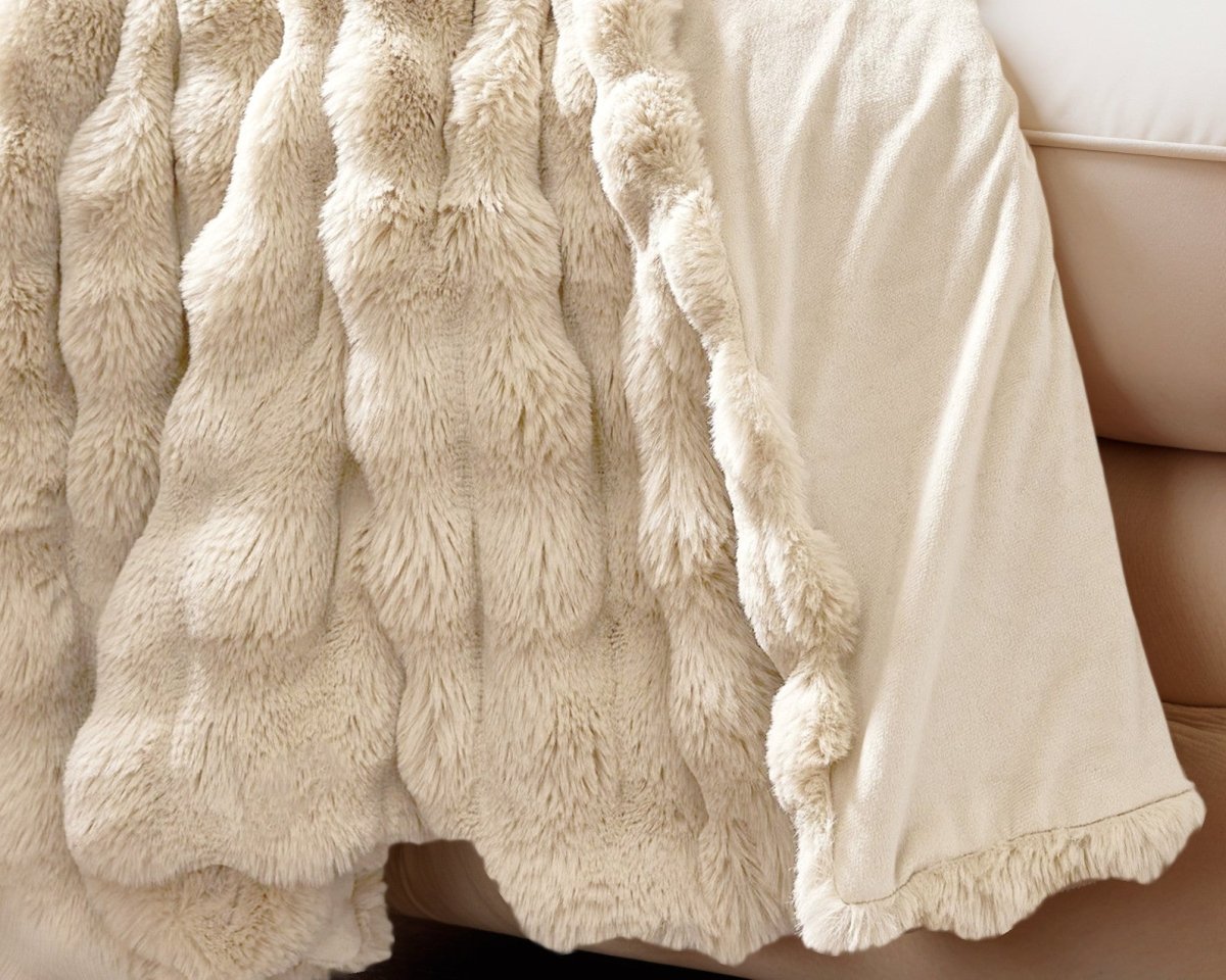 Pom Faux Fur Throw | Sand | King - 240cm (W) x 200cm (L) - The Bedding & Blankets Store