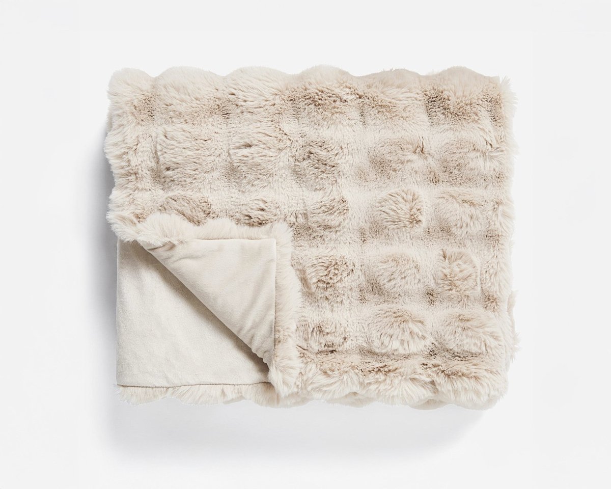 Pom Faux Fur Throw | Sand | King - 240cm (W) x 200cm (L) - The Bedding & Blankets Store