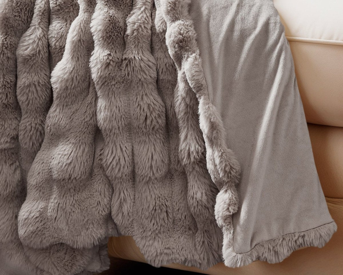 Pom Faux Fur Throw | Taupe/Rose | King - 240cm (W) x 200cm (L) - The Bedding & Blankets Store