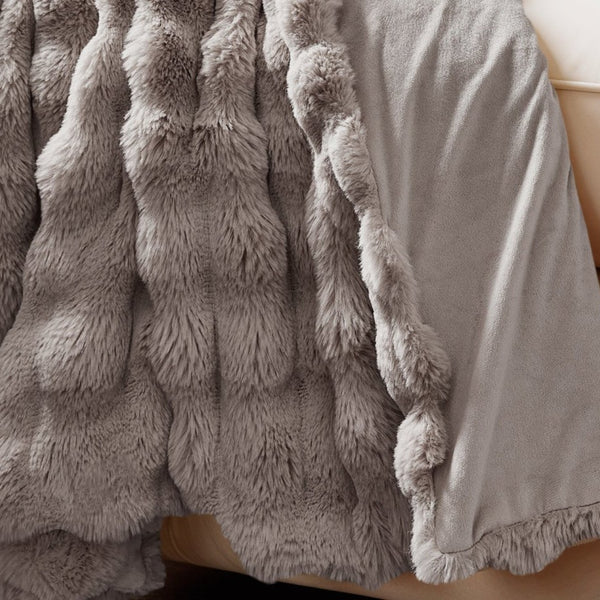 Pom Faux Fur Throw | Taupe/Rose | King - 240cm (W) x 200cm (L) - The Bedding & Blankets Store