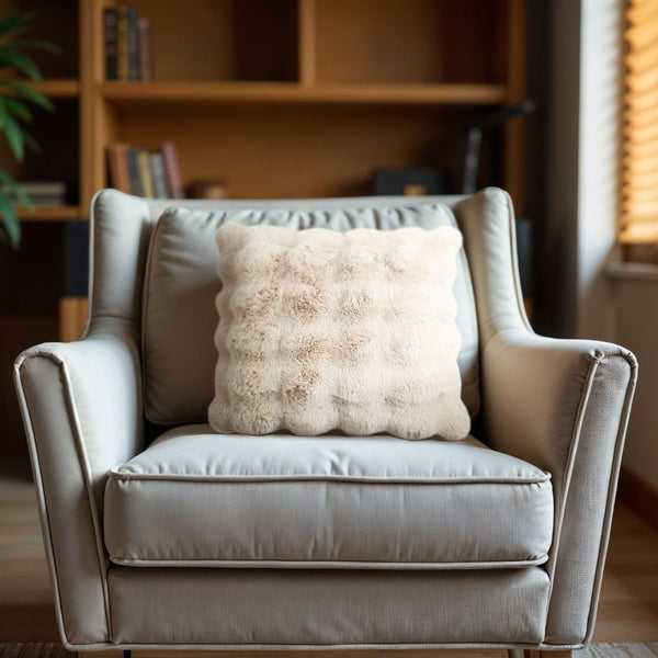 Pom Rabbit Fur Cushion | Beige | 50cm x 50cm - The Bedding & Blankets Store