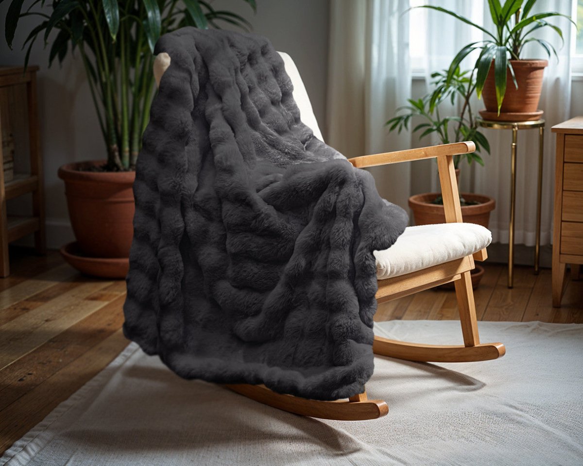 Pom Rabbit Fur Throw | Anthracite Grey | 150cm x 200cm - The Bedding & Blankets Store