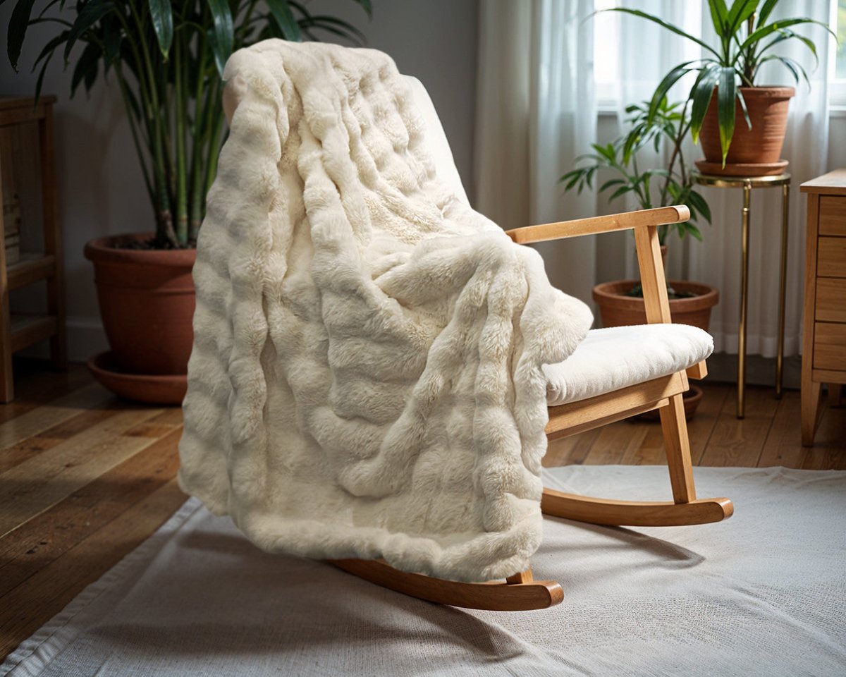 Pom Rabbit Fur Throw | Beige | 150cm x 200cm - The Bedding & Blankets Store