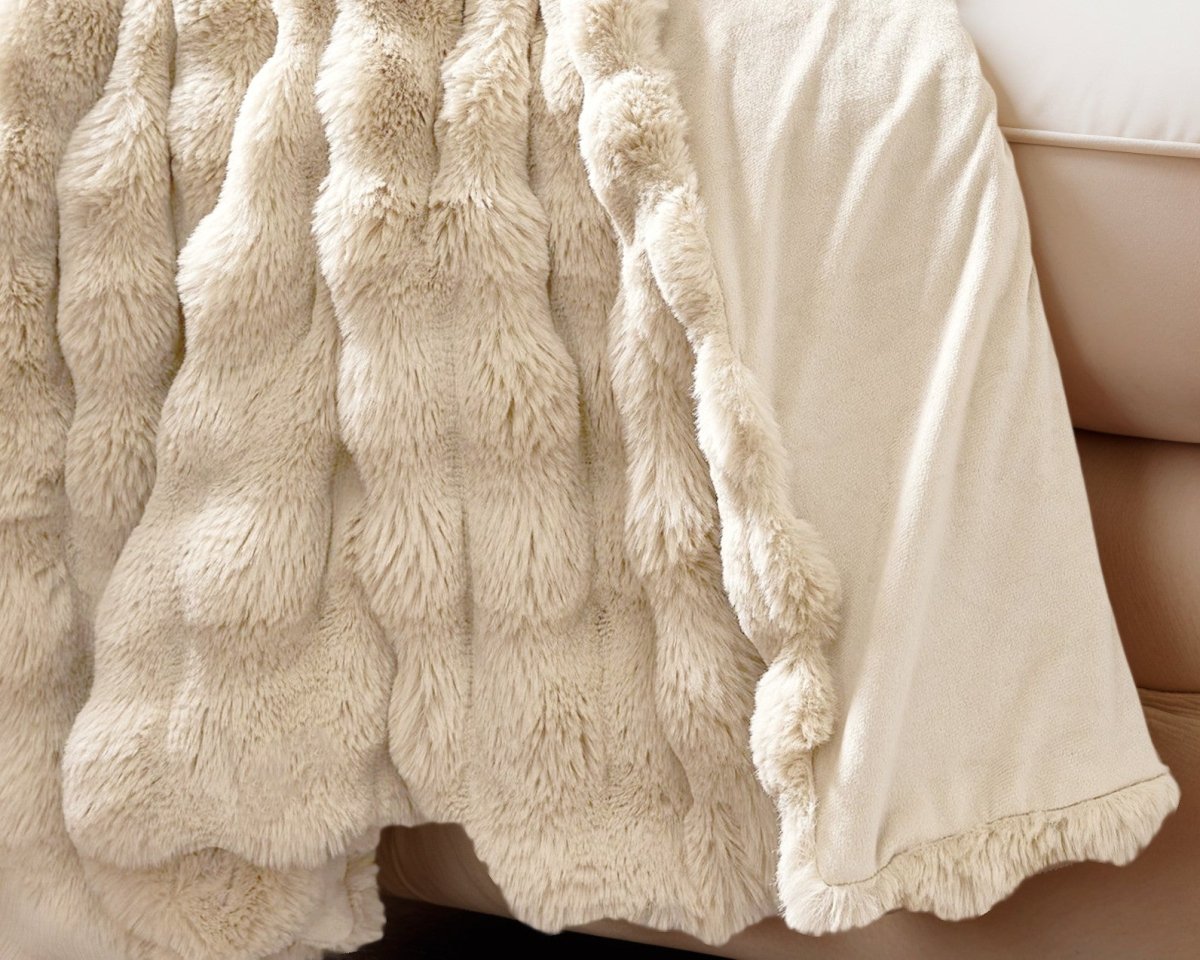 Pom Rabbit Fur Throw | Sand | 150cm x 200cm - The Bedding & Blankets Store
