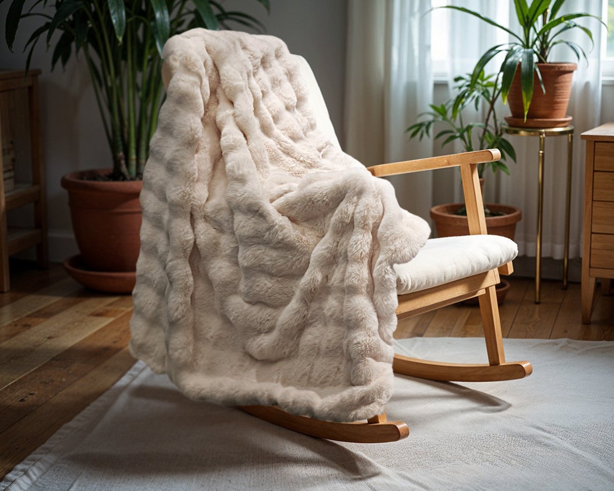 Pom Rabbit Fur Throw | Sand | 150cm x 200cm - The Bedding & Blankets Store