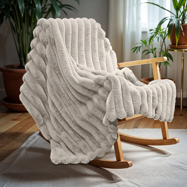 Rib Faux Fur Throw | Ecru | King - 240cm (W) x 200cm (L) - The Bedding & Blankets Store
