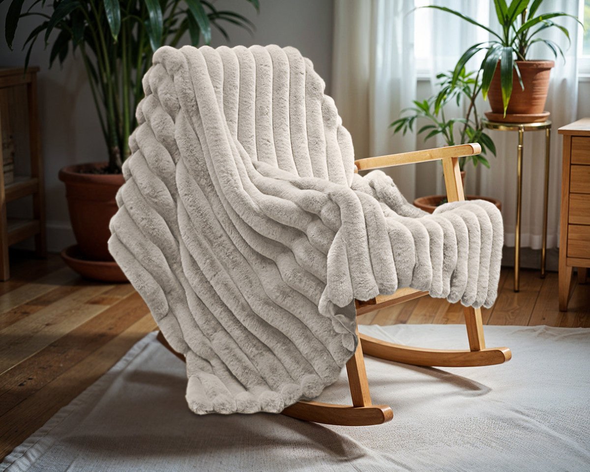 Rib Faux Fur Throw | Ecru | King - 240cm (W) x 200cm (L) - The Bedding & Blankets Store