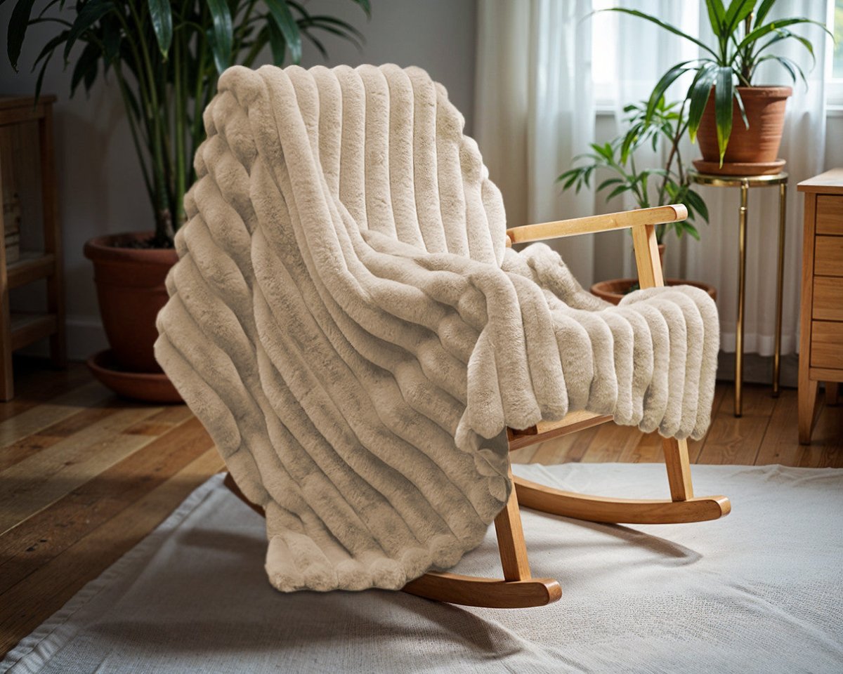 Ribbed Rabbit Fur Throw | Sand | 150cm x 200cm - The Bedding & Blankets Store