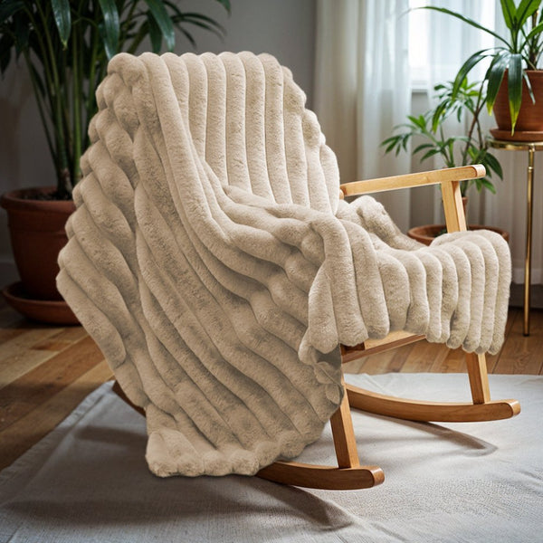 Ribbed Rabbit Fur Throw | Sand | 150cm x 200cm - The Bedding & Blankets Store