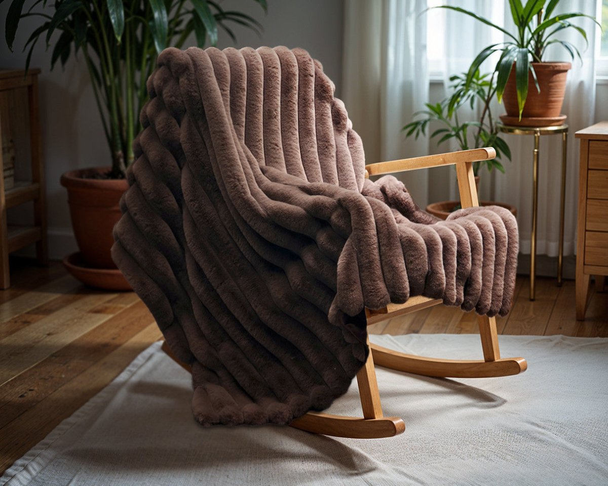 Ribbed Rabbit Fur Throw | Taupe/Grey | 150cm x 200cm - The Bedding & Blankets Store