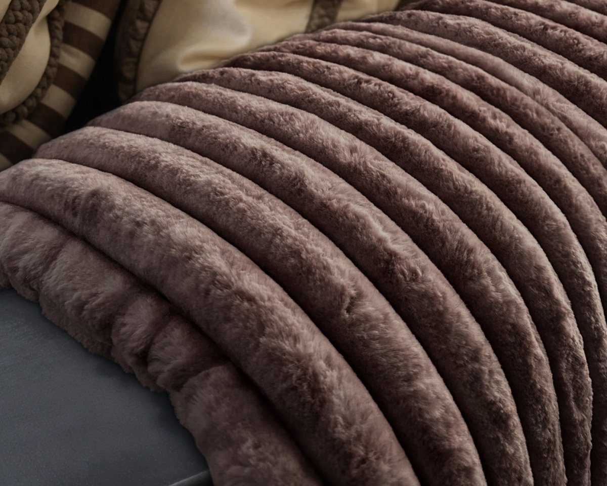 Ribbed Rabbit Fur Throw | Taupe/Grey | 150cm x 200cm - The Bedding & Blankets Store