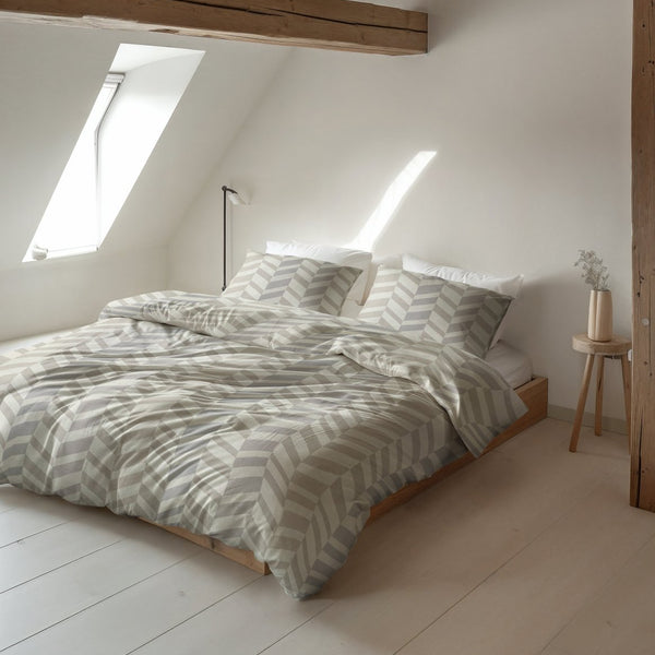 100% Brushed Cotton Duvet Cover Set Chevron | Beige/Sand | King - 240cm (W) x 200cm (L) - The Bedding & Blankets Store