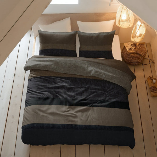 100% Brushed Cotton Duvet Cover Set Ravon | Taupe/Anthracite | King - 240cm (W) x 200cm (L) - The Bedding & Blankets Store