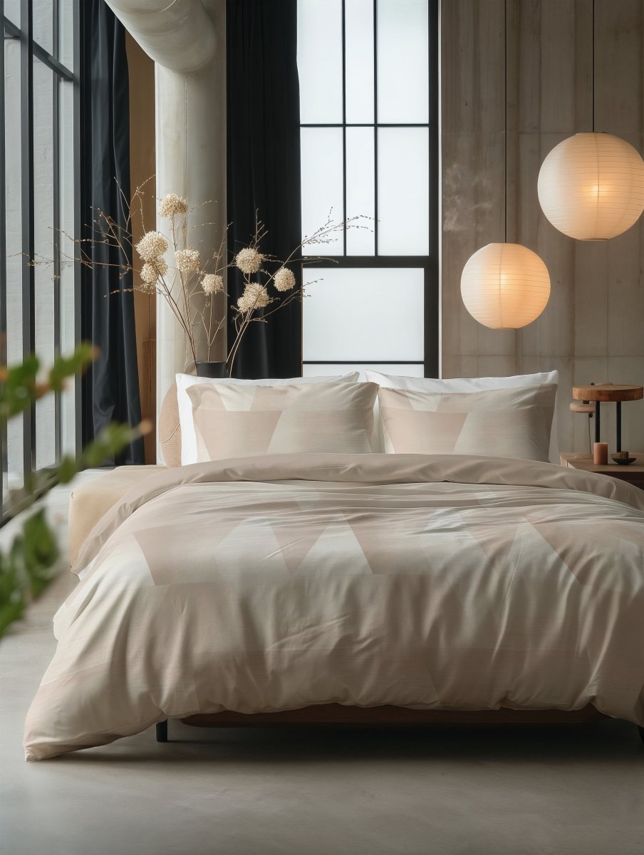 100% Cotton Duvet Cover Set Blush Angles | Sand/Beige | Double - 200cm (W) x 200/220cm (L) - The Bedding & Blankets Store
