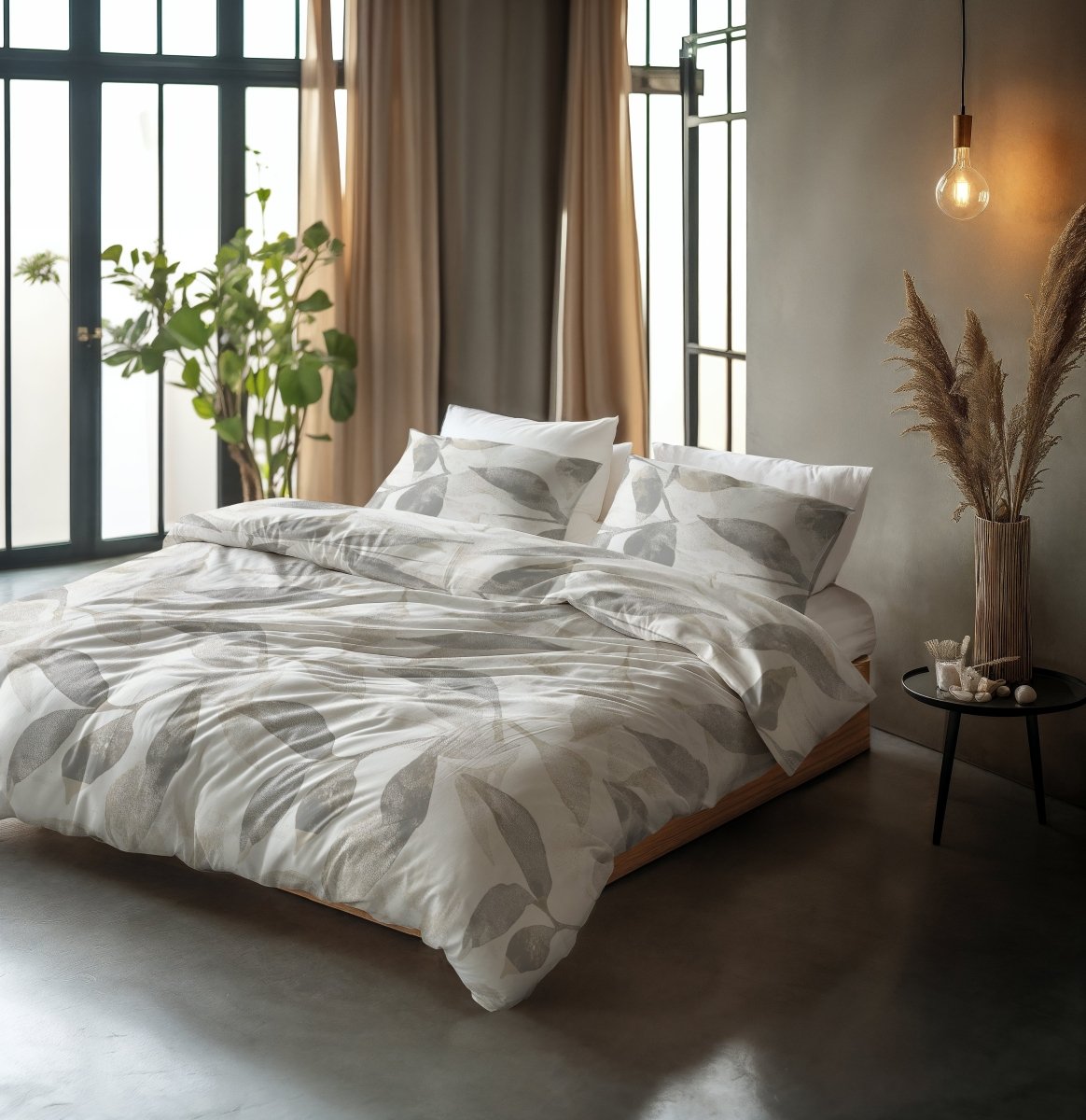 100% Cotton Duvet Cover Set Foilage | Silver Grey | Double - 200cm (W) x 200/220cm (L) - The Bedding & Blankets Store